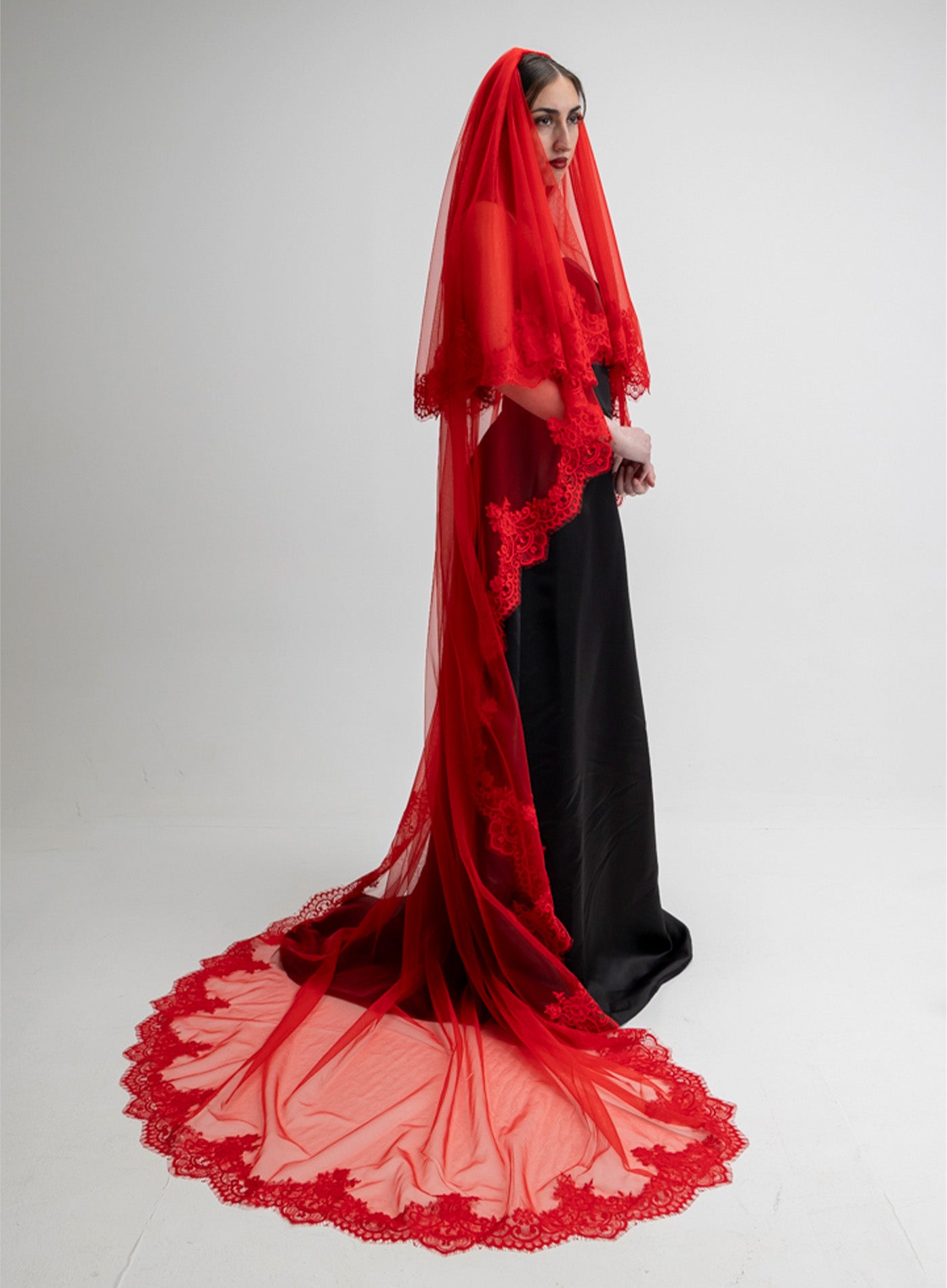 lillith long red wedding veil, collection by np, red goth wedding veil
