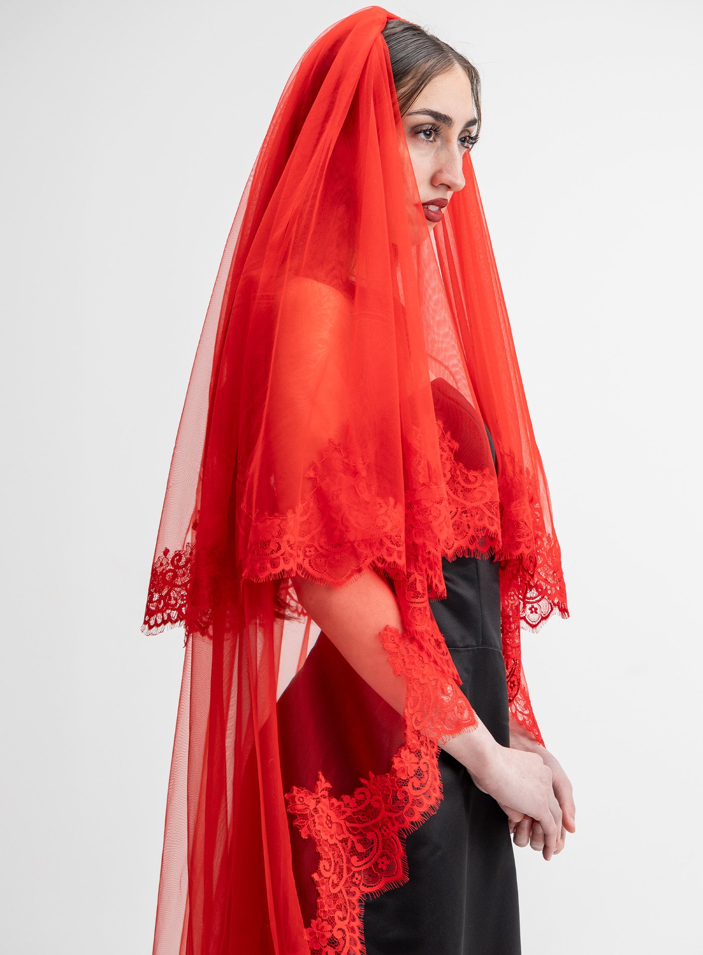 lillith long red wedding veil, collection by np, red goth wedding veil