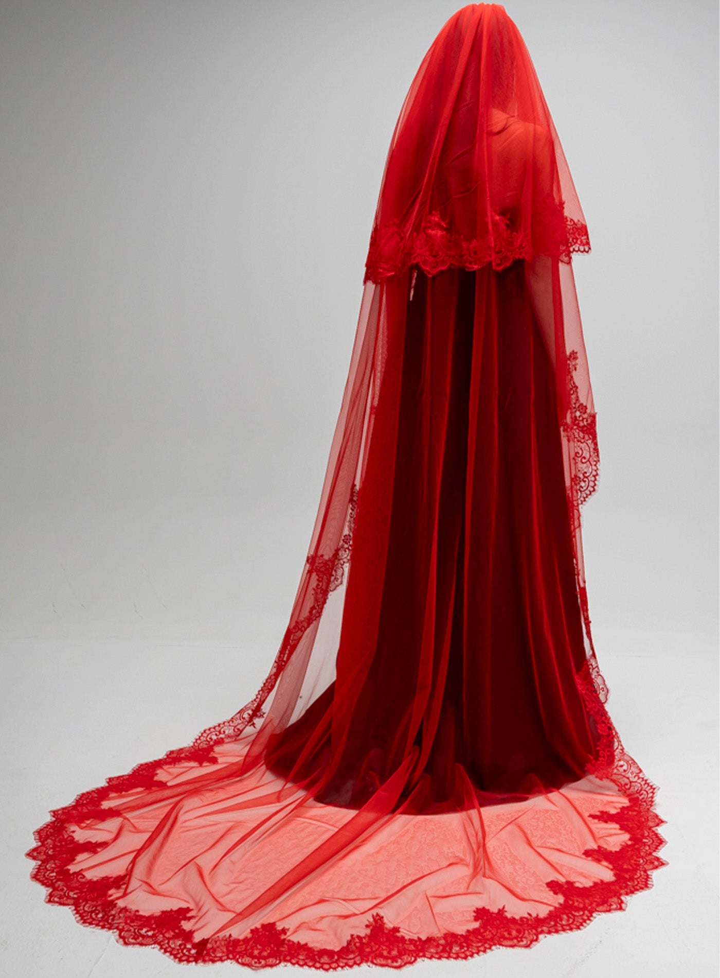 lillith long red wedding veil, collection by np, red goth wedding veil
