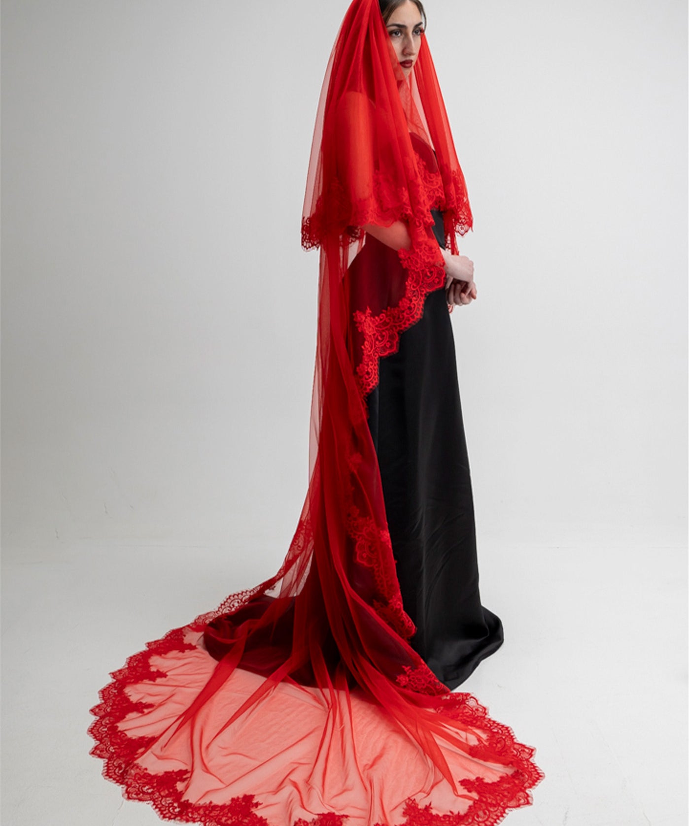 lillith long red wedding veil, collection by np, red goth wedding veil