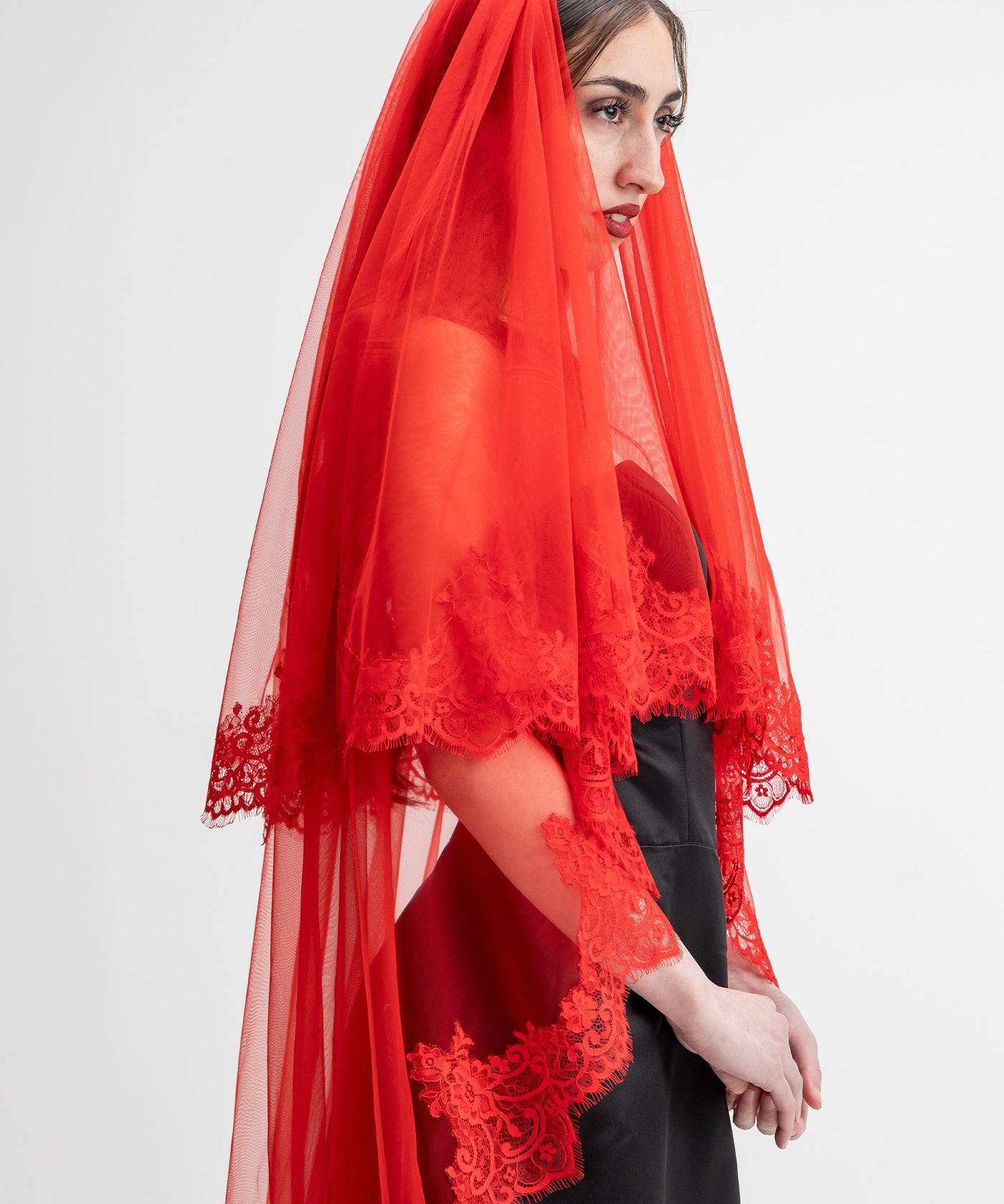 lillith long red wedding veil, collection by np, red goth wedding veil